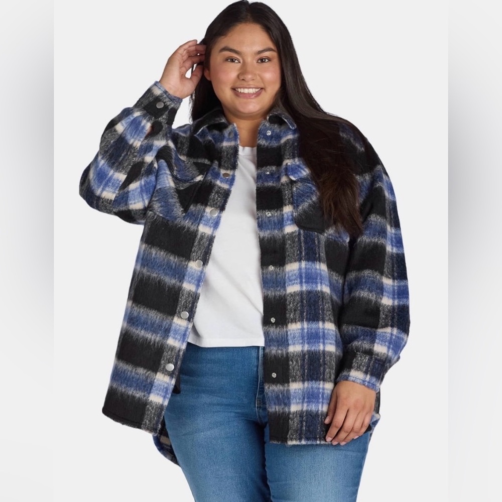 NWT Terra & Sky Plus Size Brushed Plaid Button Down Long Line Shacket Sz4X